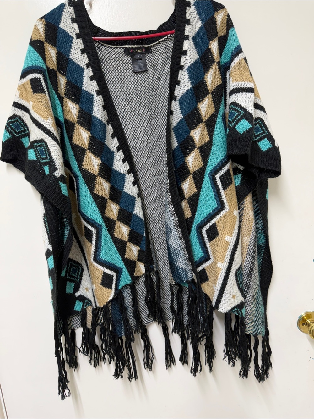 Off-the-Shoulder Aztec Knit Sweater Poncho - Teal/Black